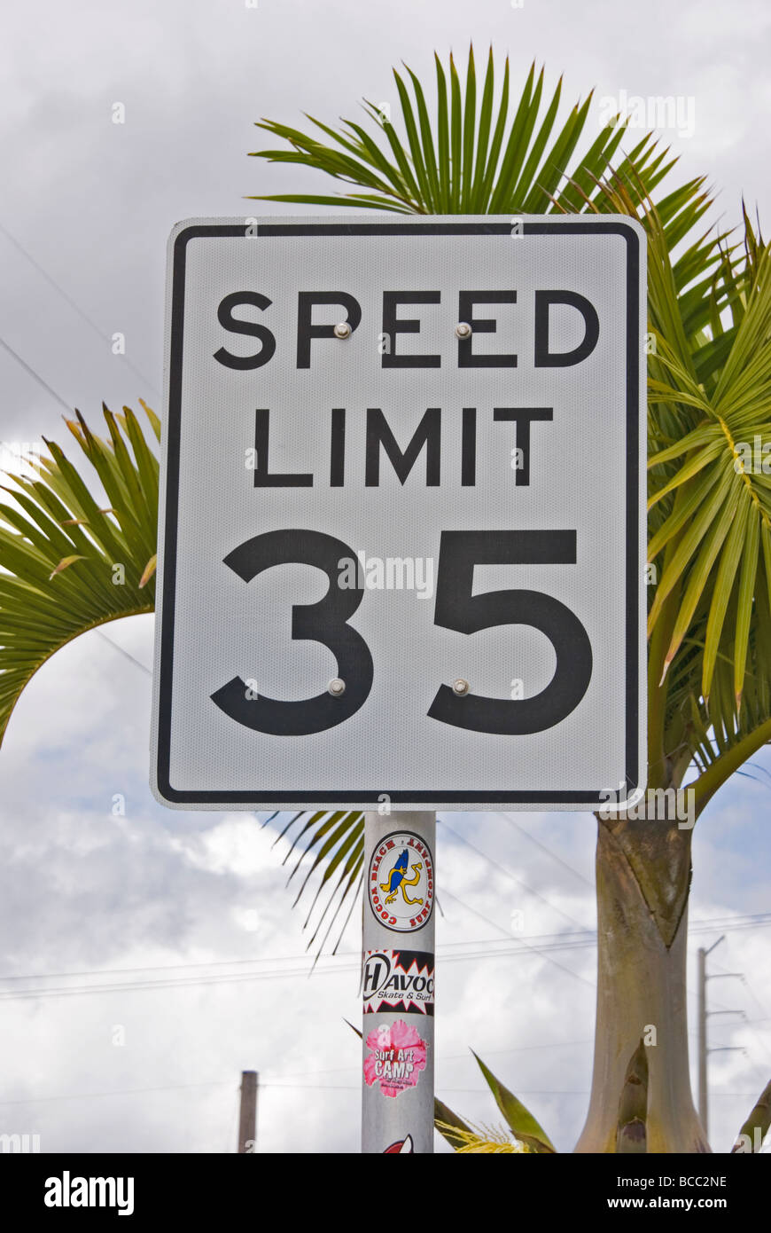 American 35 mph speed limit road sign in Cocoa Beach, Florida Stock Photo