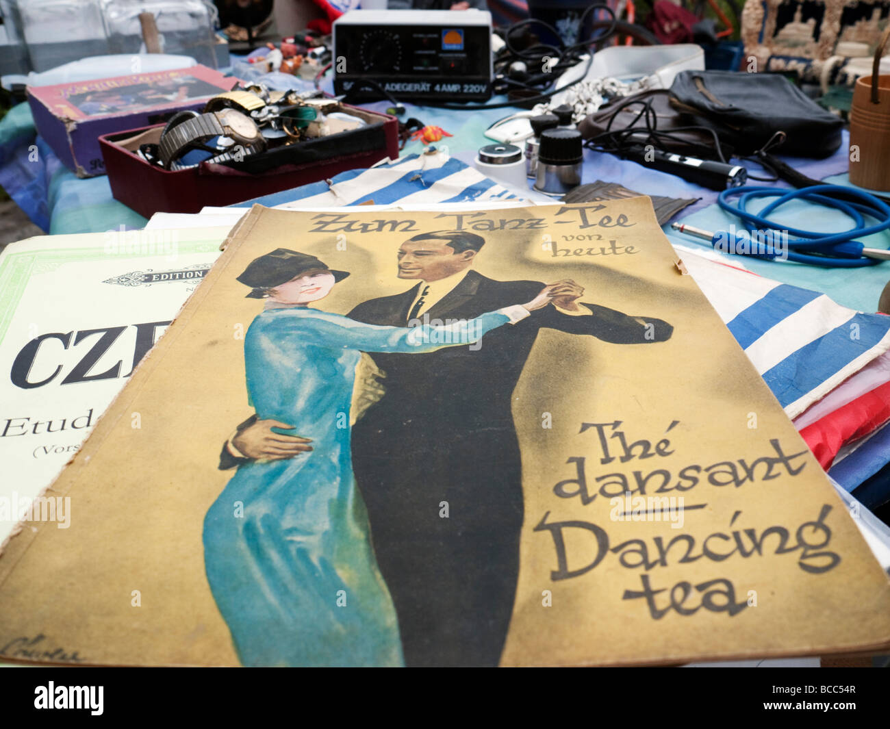 Detail of old music books at popular weekend fleamarket at Mauer Park in Prenzlauer Berg in Berlin Germany Stock Photo