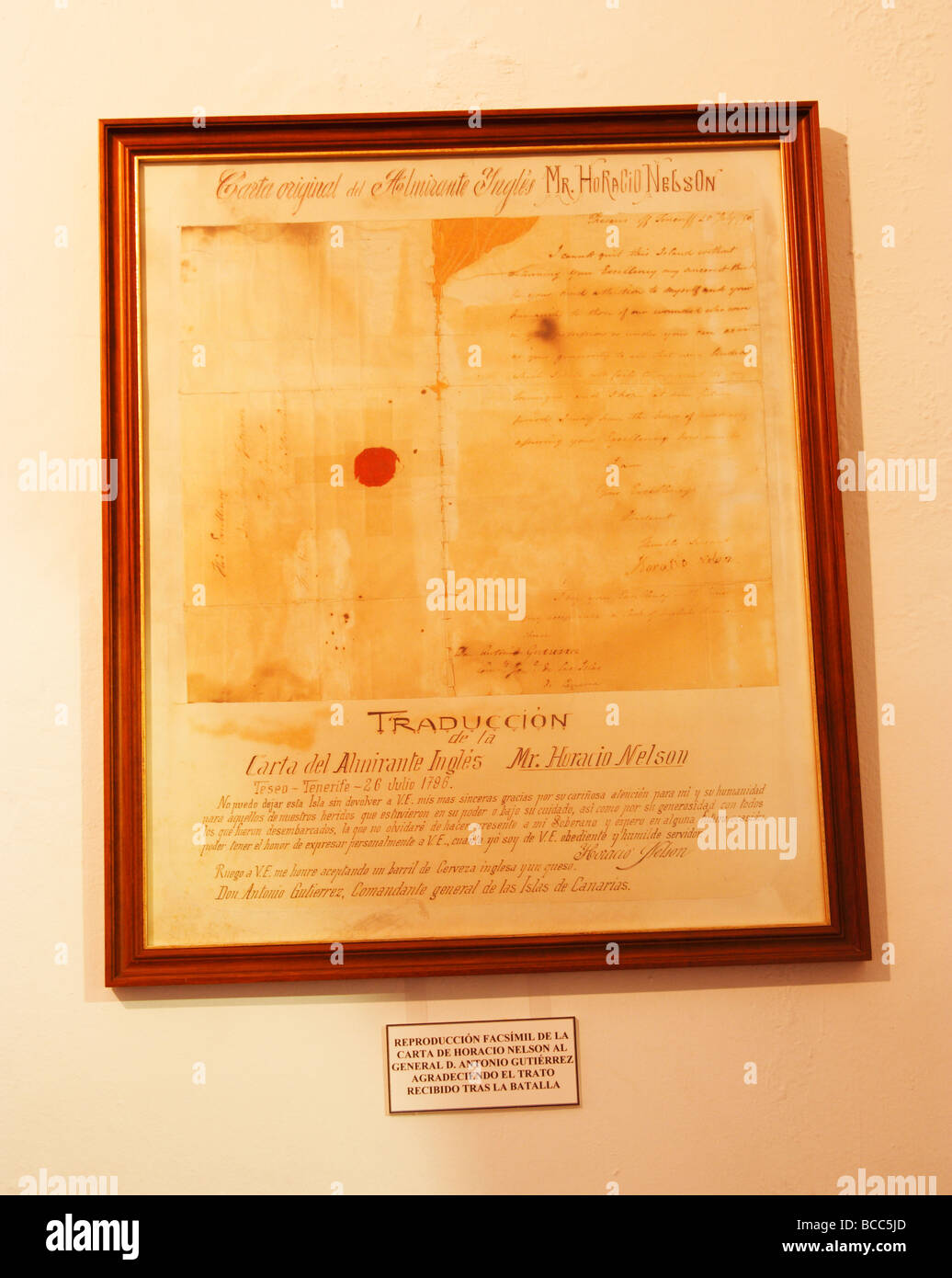 Copy of letter sent to General D. Antonio Gutierrez from Admiral Nelson after the battle of Santa Cruz on Tenerife Stock Photo