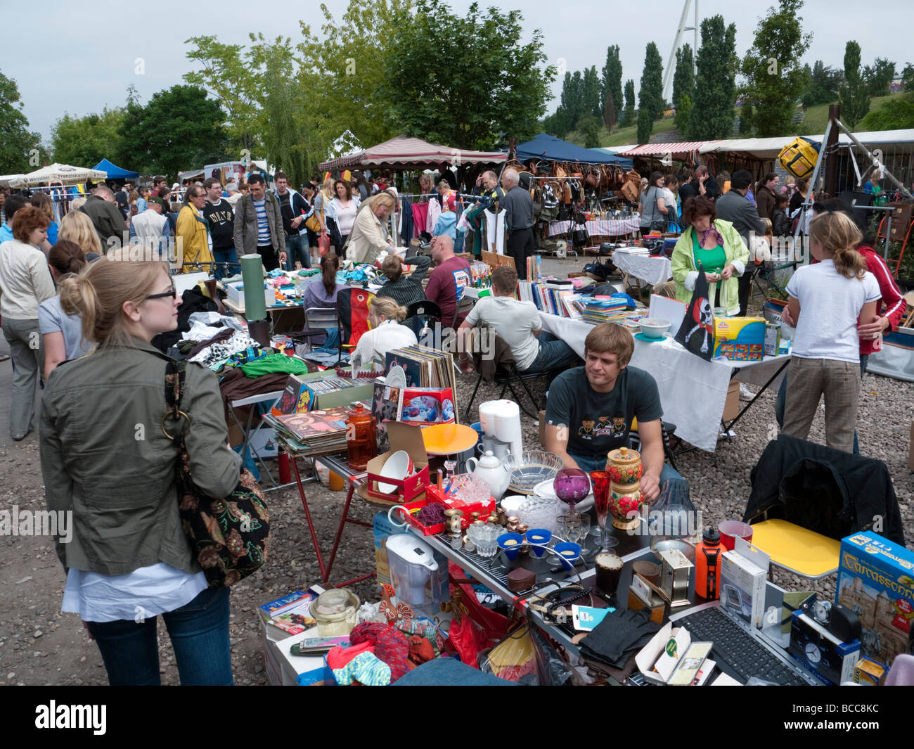 Popular weekend fleamarket at Mauer Park in Prenzlauer Berg in Berlin Germany Stock Photo