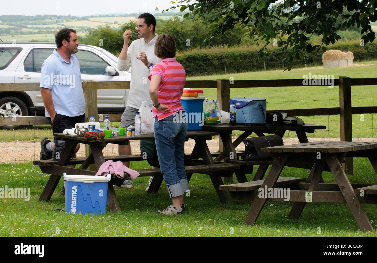 Picnicing at the Cotswold Farm Park in Guiting Power Gloucestershire England UK Stock Photo