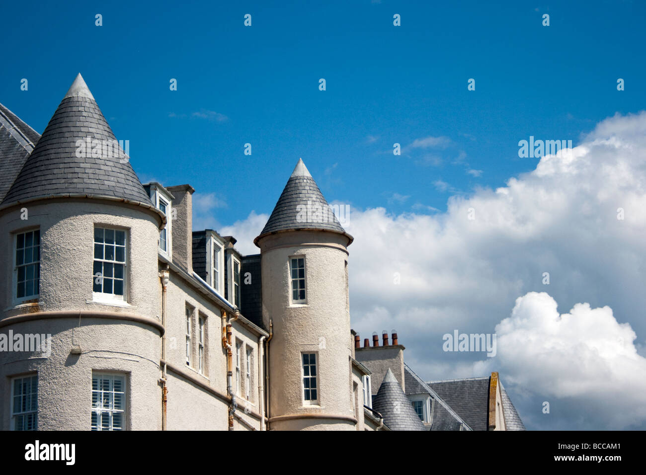Hotel Turrets of the Portpatrick Hotel, Portpatrick, Dumfries and Galloway, Scotland, UK. Stock Photo