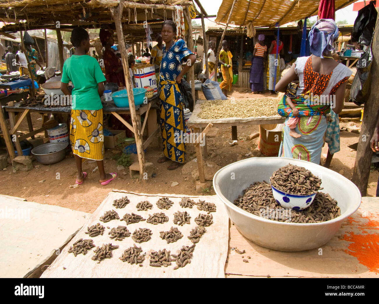 Burkina Faso. Lobi Country. Weekly market of Gaoua.Sale of dried caterpillars. Stock Photo