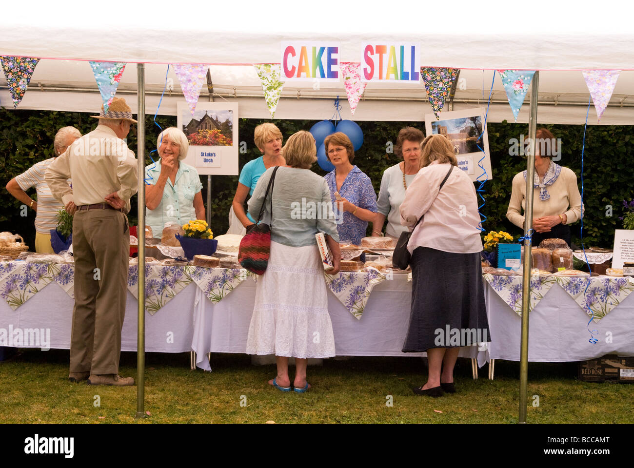 Cake stall at a summer fete, Milland, Hampshire, UK. Stock Photo