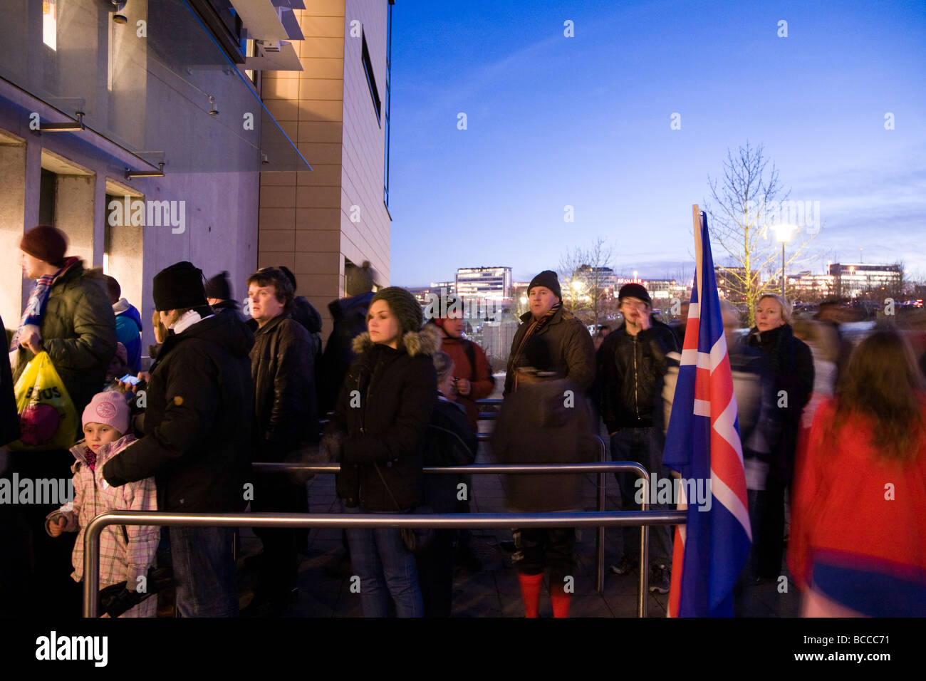 People waiting to buy tickets to a soccer match, Laugardalsvollur stadium, Laugardalur Reykjavik Iceland Stock Photo