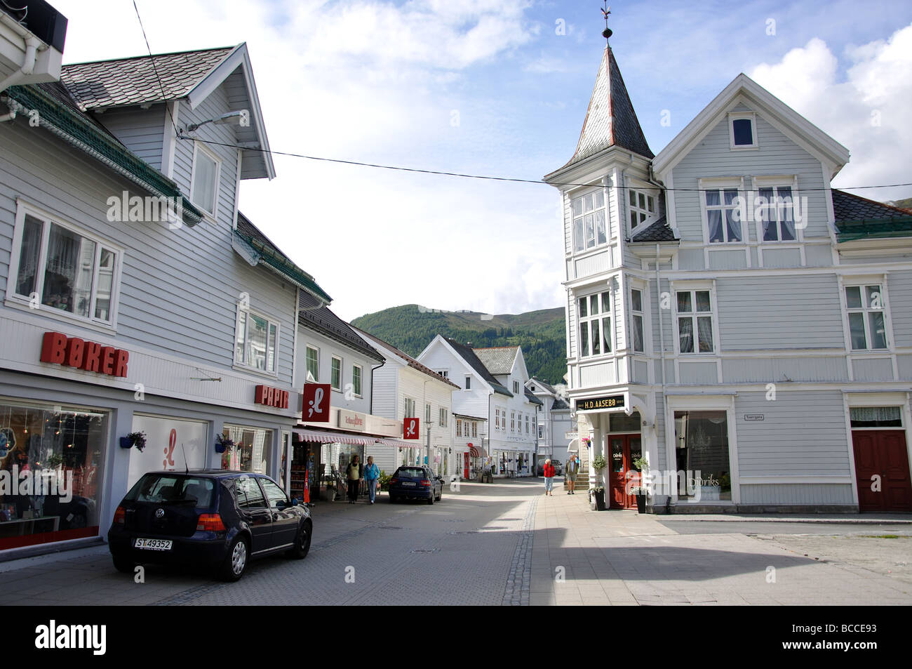 Town Centre, Eidsgata, Nordfjordeid, Sogn og Fjordane, Norway Stock Photo