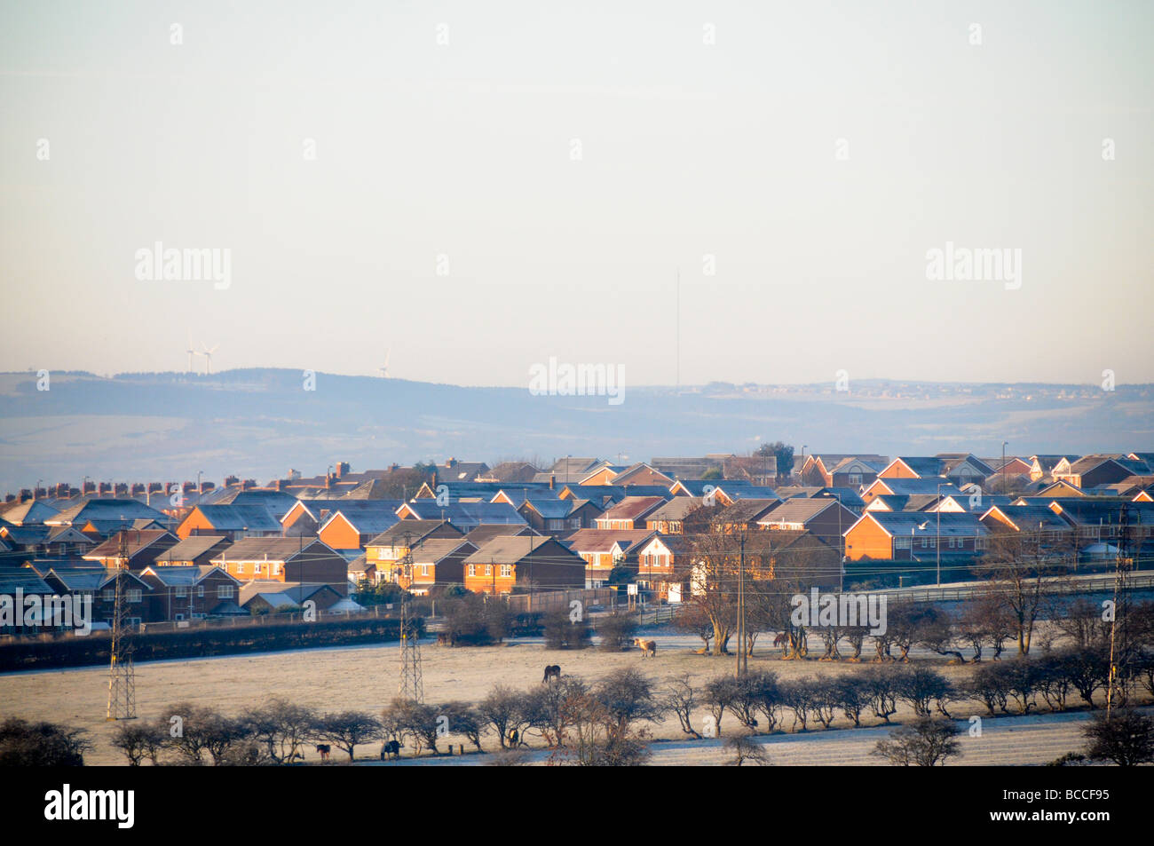Rural panoramic countryside village looking form afar, Sunderland, England Stock Photo