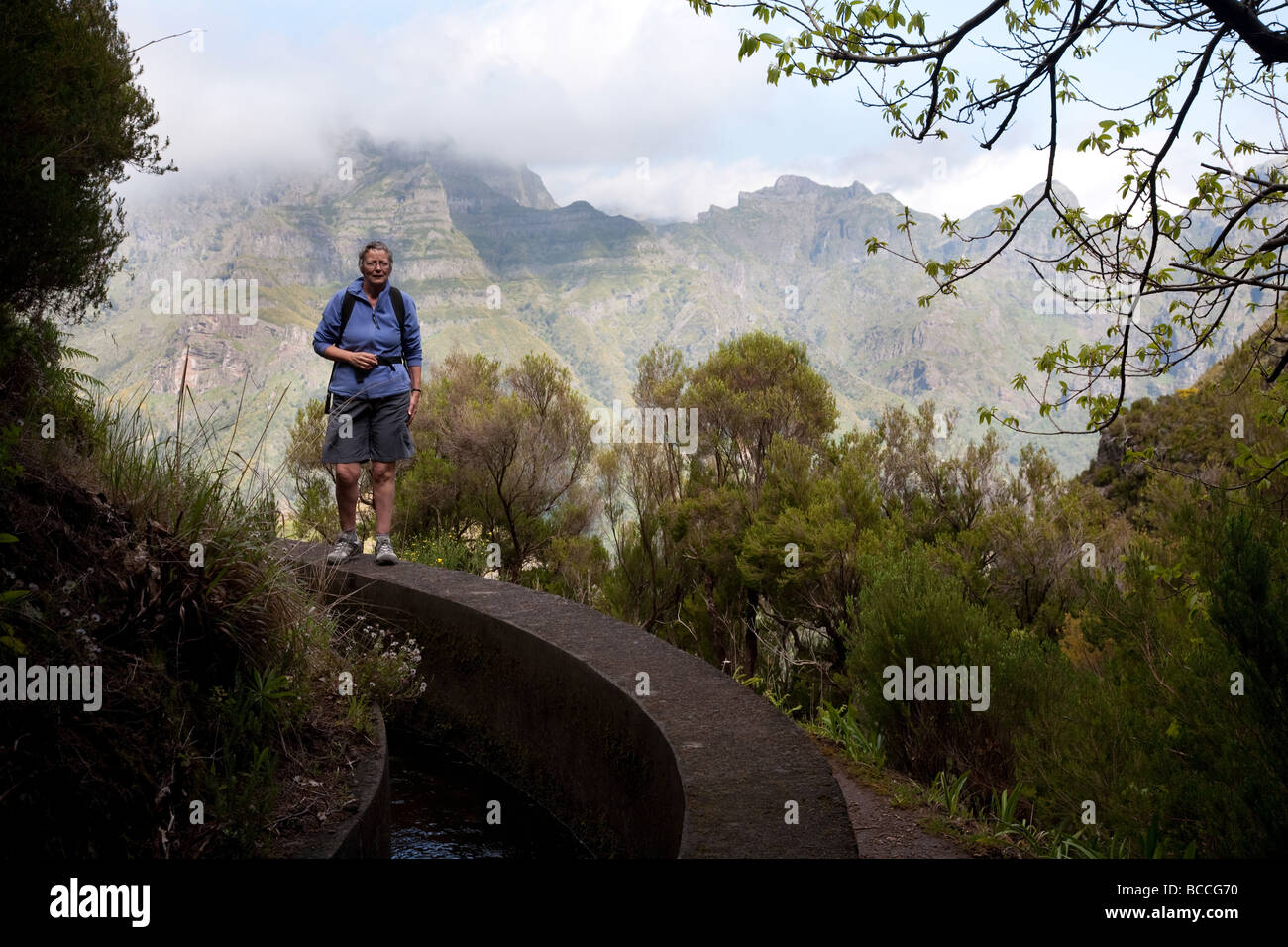Levadas, water irrigation channels, on the island of Madeira are now used by walkers.. Levada das Rabacas Encumenda Stock Photo