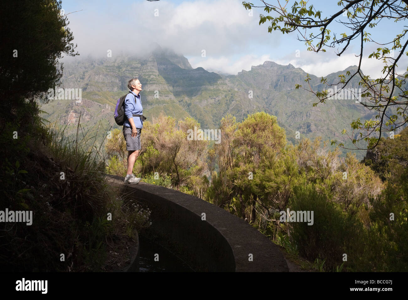 Levadas, water irrigation channels, on the island of Madeira are now used by walkers. Levada das Rabacas Encumenda Stock Photo