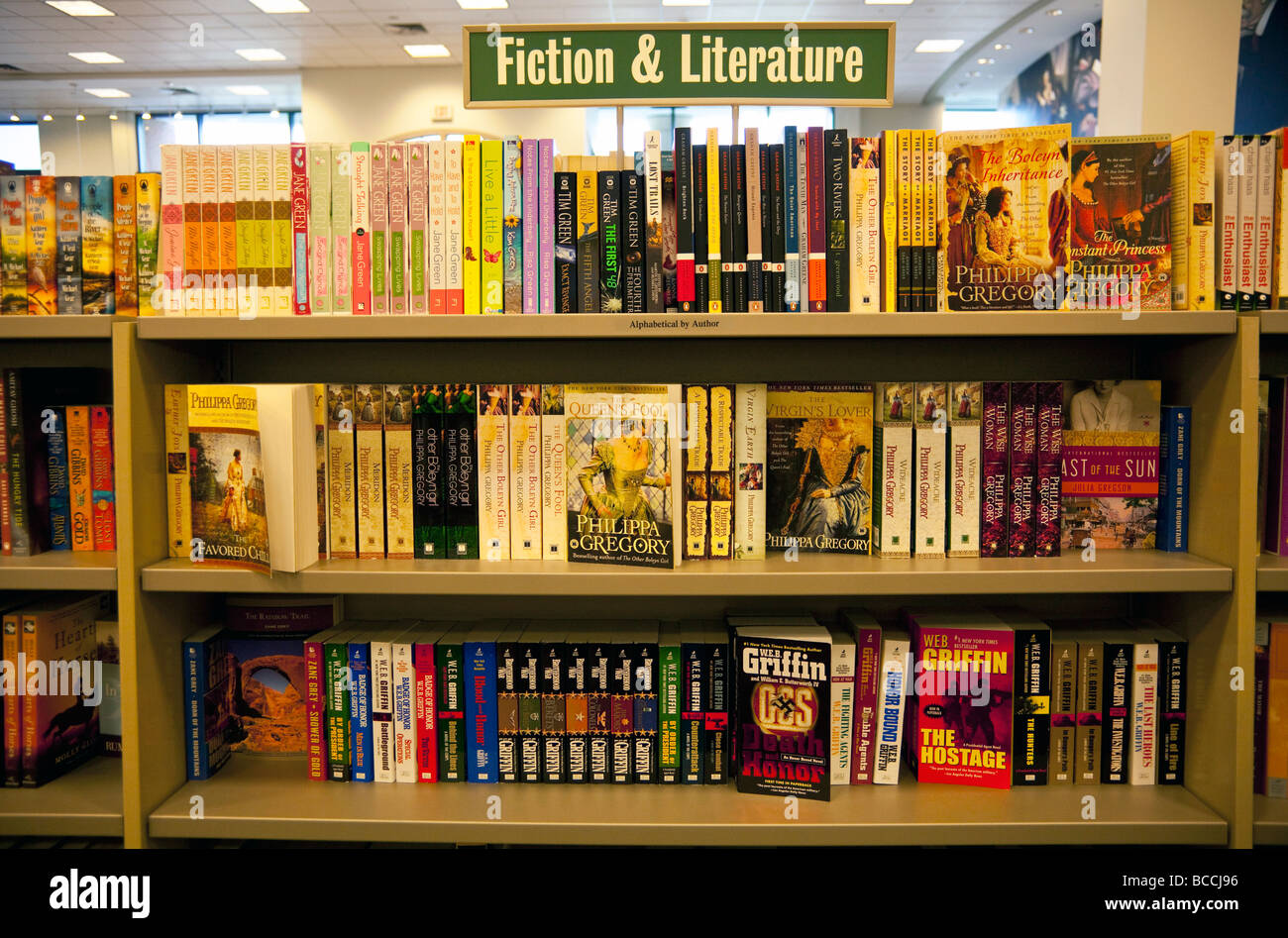 fiction and literature books on shelves, Barnes and Noble, USA Stock