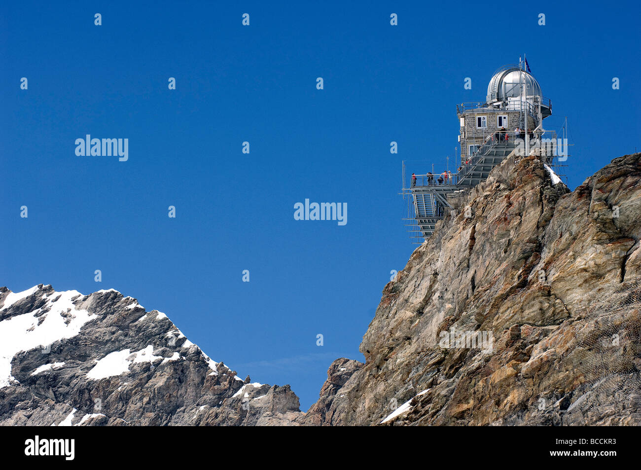 Switzerland, Canton of Bern, Bernese Oberland, Jungfrau Aletsch Bietschhorn (3 454 m) called the Top of Europe, Observatory Stock Photo