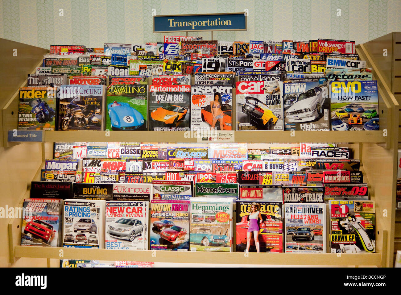 transportation magazines on shelves, Barnes and Noble, USA Stock Photo