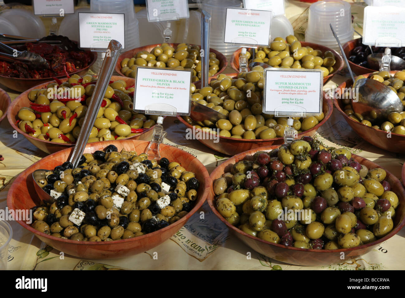 olive stall Kings Road food market Chelsea London Stock Photo