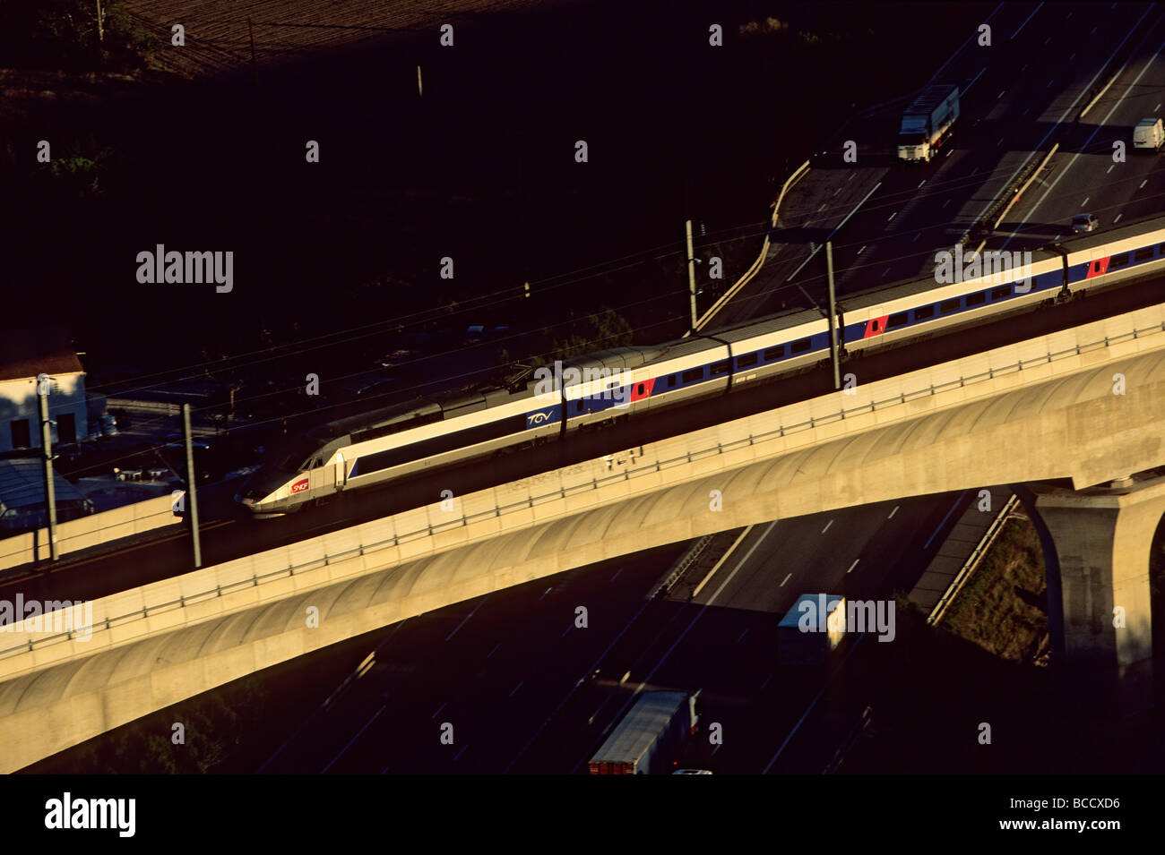 France, Bouches du Rhone, Ventabren Viaduct, TGV high-speed train (aerial view) Stock Photo