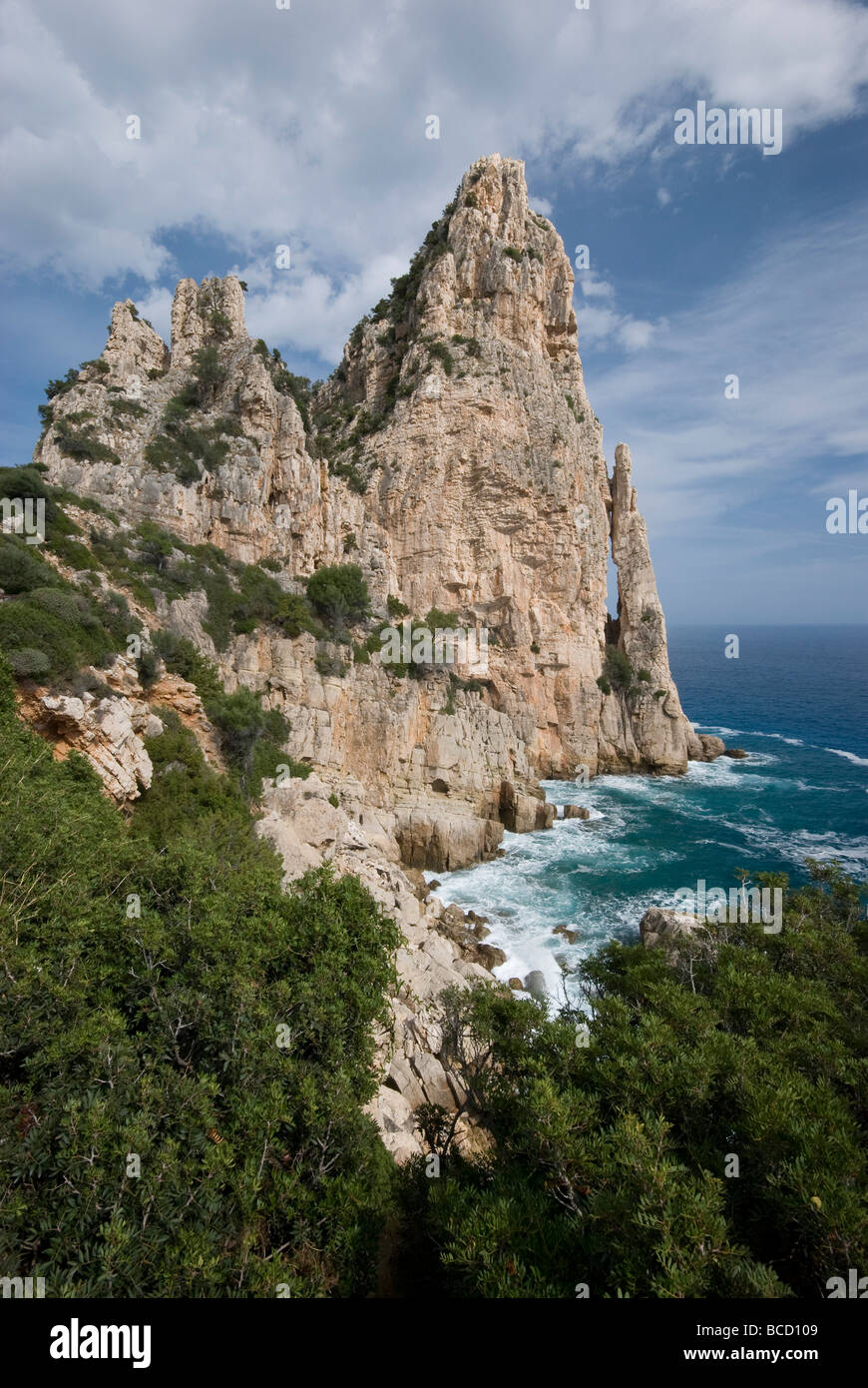 Perda Longa natural Monument (rock 128 m high). Sardinian eastern coast. Mediterranean scrub (Pistacia lentiscus. Smilax aspera) Stock Photo