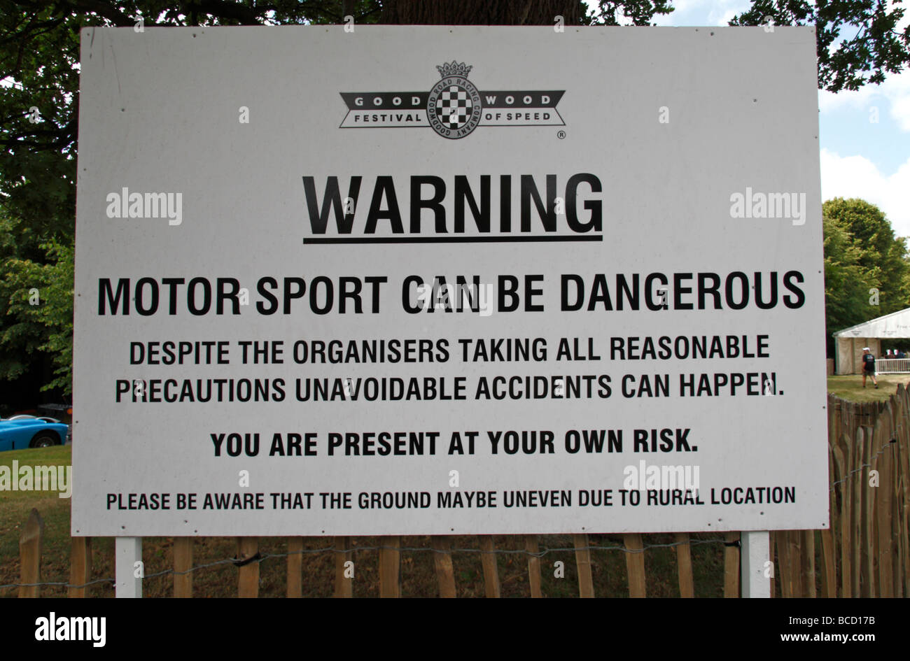 One of several warning notices around the Hillclimb track at the Goodwood Festival of Speed in July 2009. Stock Photo