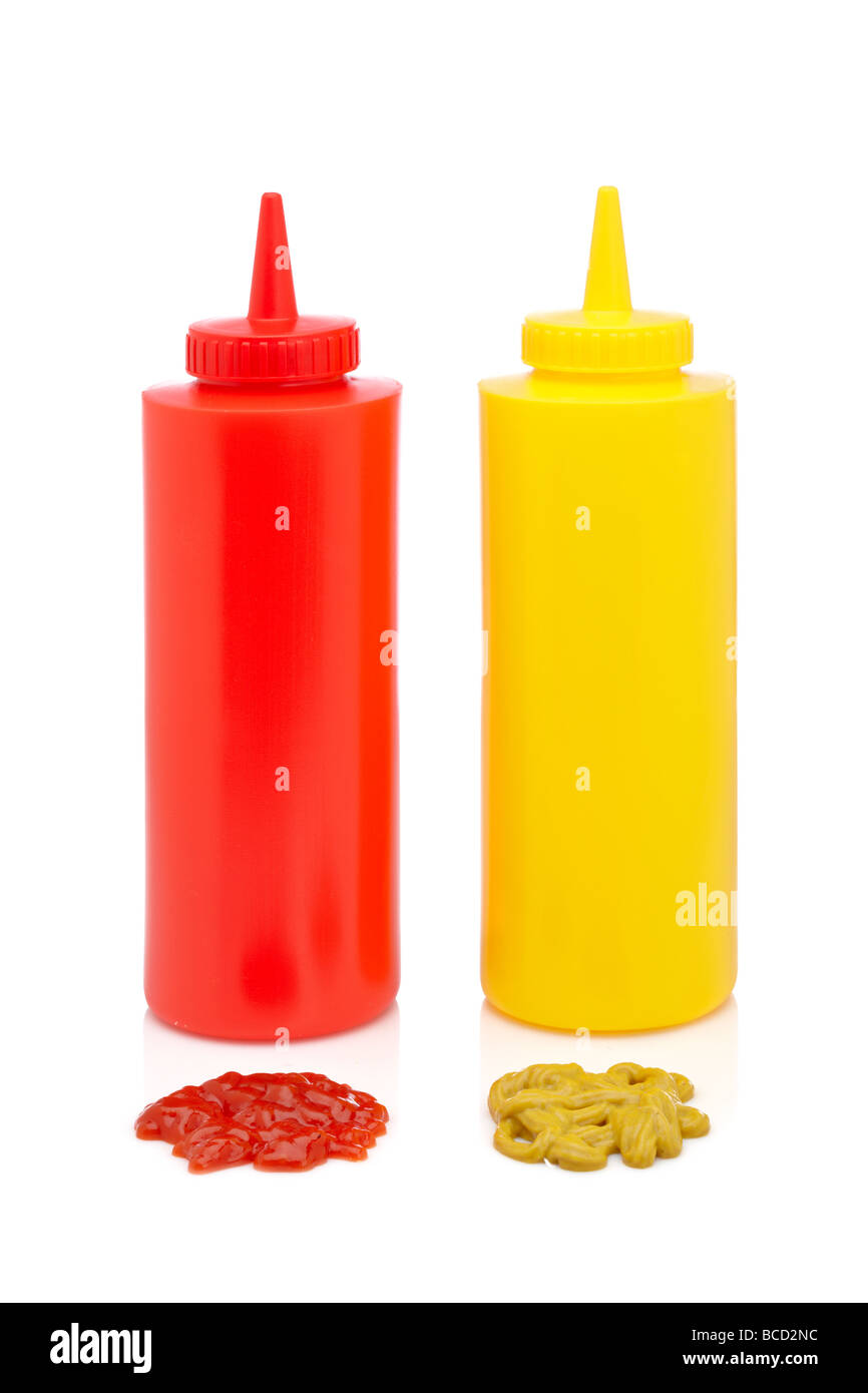 Ketchup and mustard bottles isolated on a white background Stock Photo