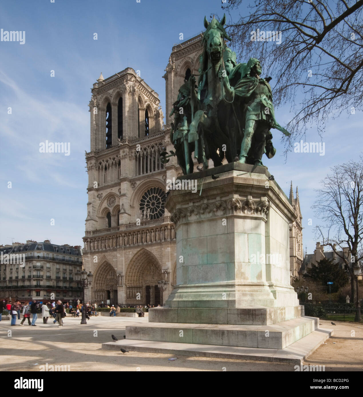 A view of Notre Dame and the statue of Charlemagne on the Ile de la Cite Paris France Stock Photo