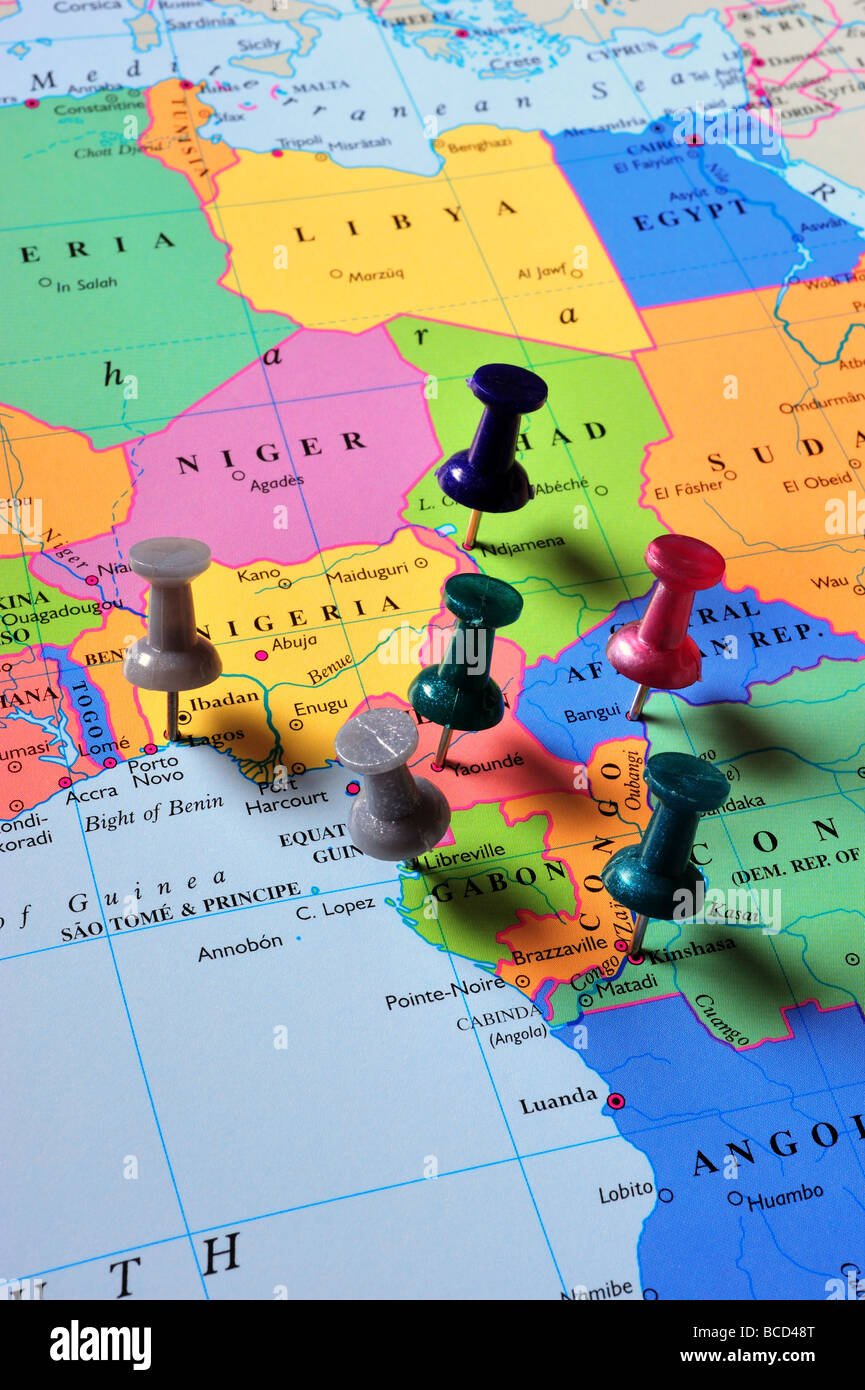 Map pins in Central & West Africa map Stock Photo
