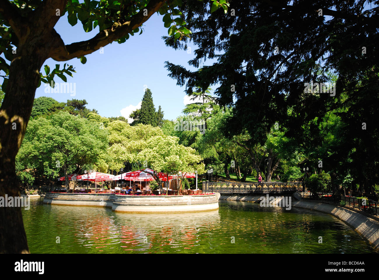 ISTANBUL, TURKEY. A lake and cafe in Yildiz Park near the Bosphorus ...