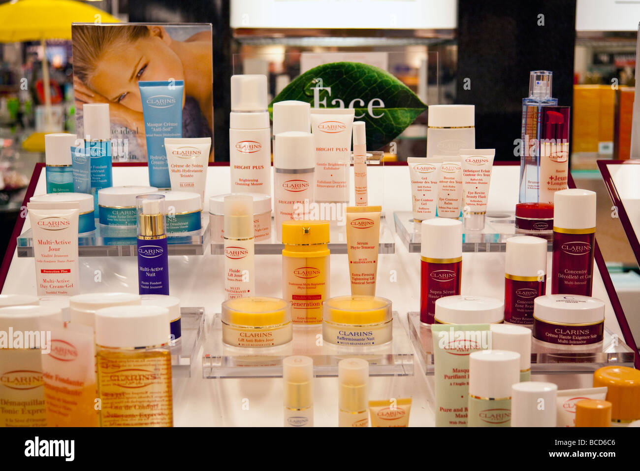 Clarins beauty creams on sale at Sears, Coquitlam Centre Mall, Barnet Highway, Coquitlam, BC, Canada Stock Photo