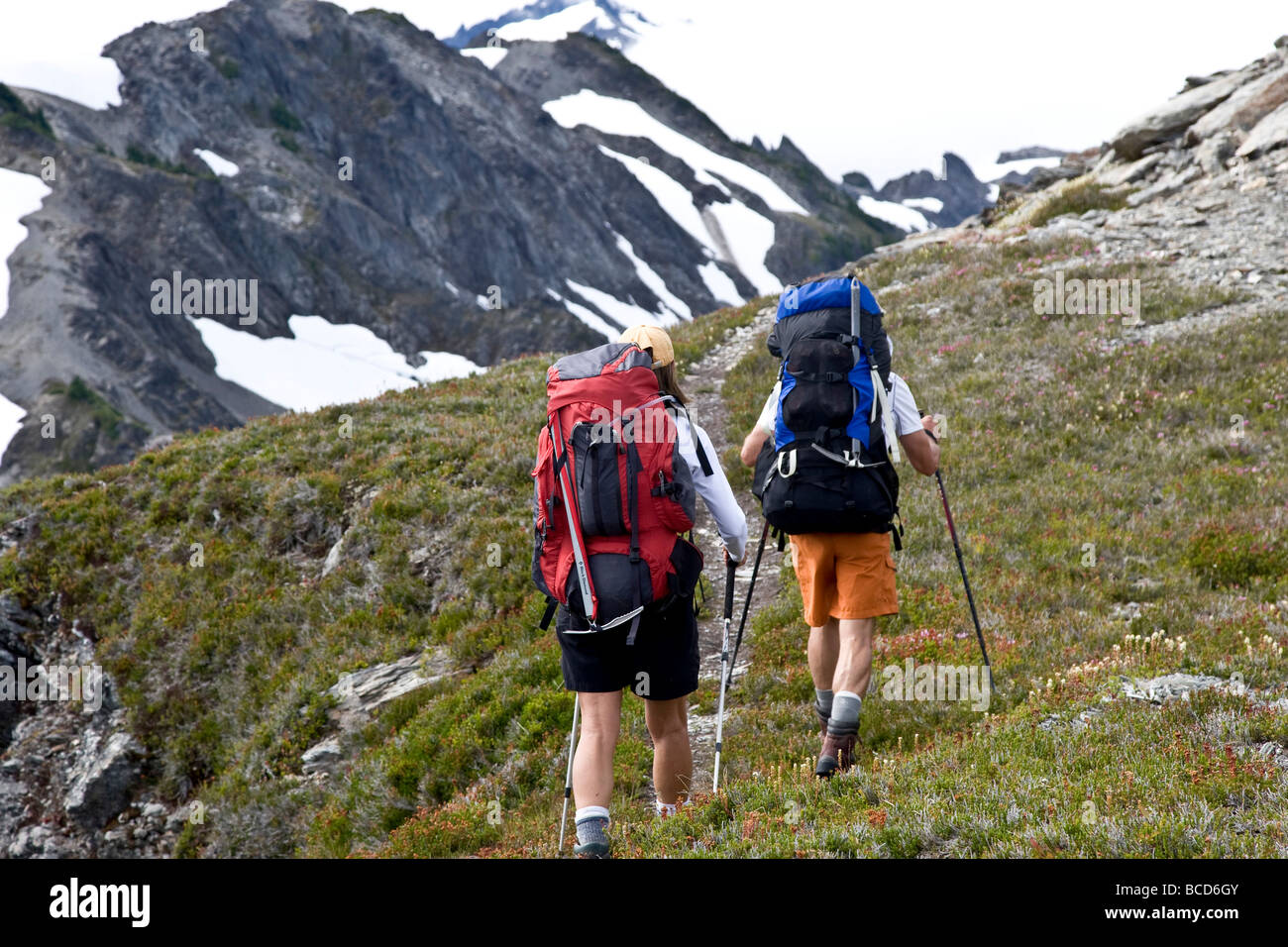 Man woman hiking walking poles hi-res stock photography and images - Alamy