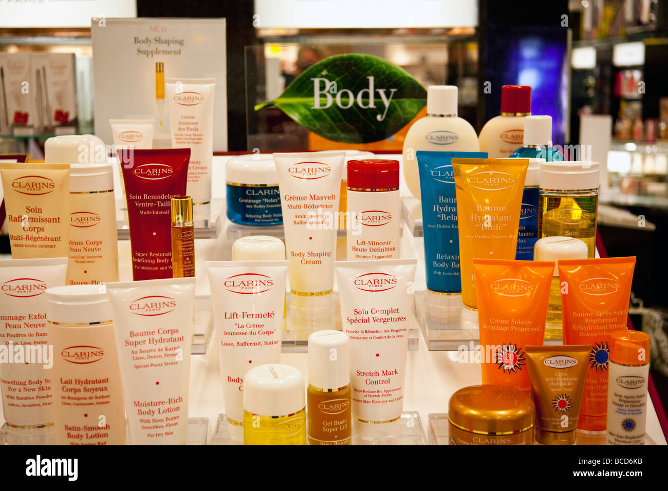Clarins beauty creams on sale at Sears, Coquitlam Centre Mall, Barnet Highway, Coquitlam, BC, Canada Stock Photo