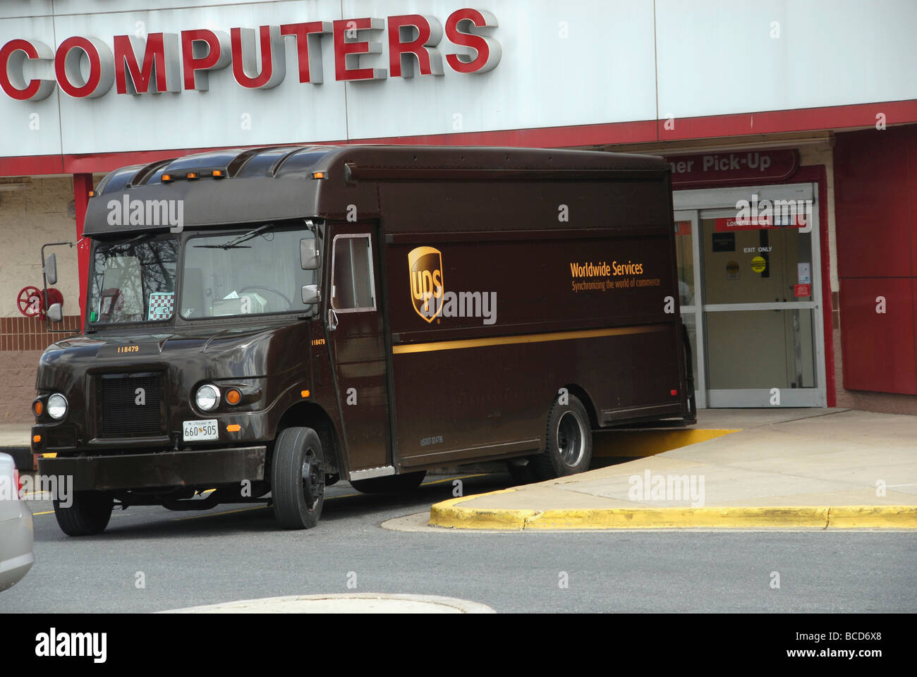 UPS Truck outside a computer store in Beltsville, Maryland Stock Photo