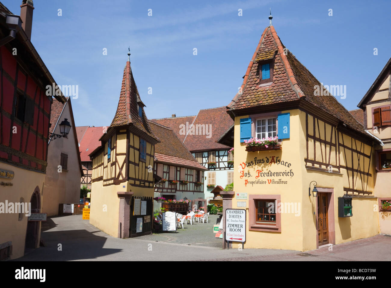 Vins de Alsace wine growers cellar shop in medieval plus beaux village