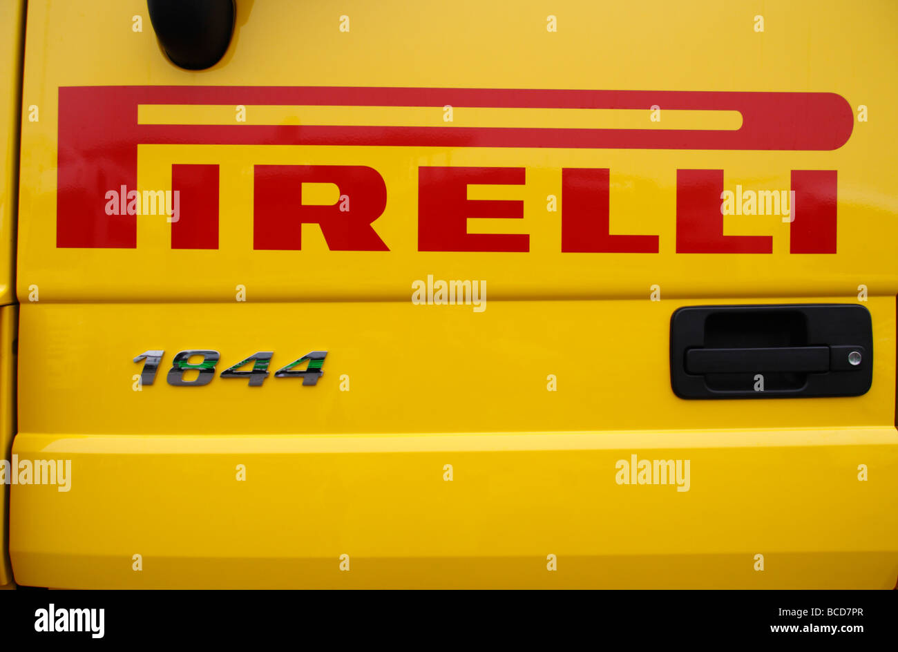 The Pirelli Tyre Co. brand on the door of a tyre truck at the World Superbike Championships, Donington Park, Derbyshir Stock Photo