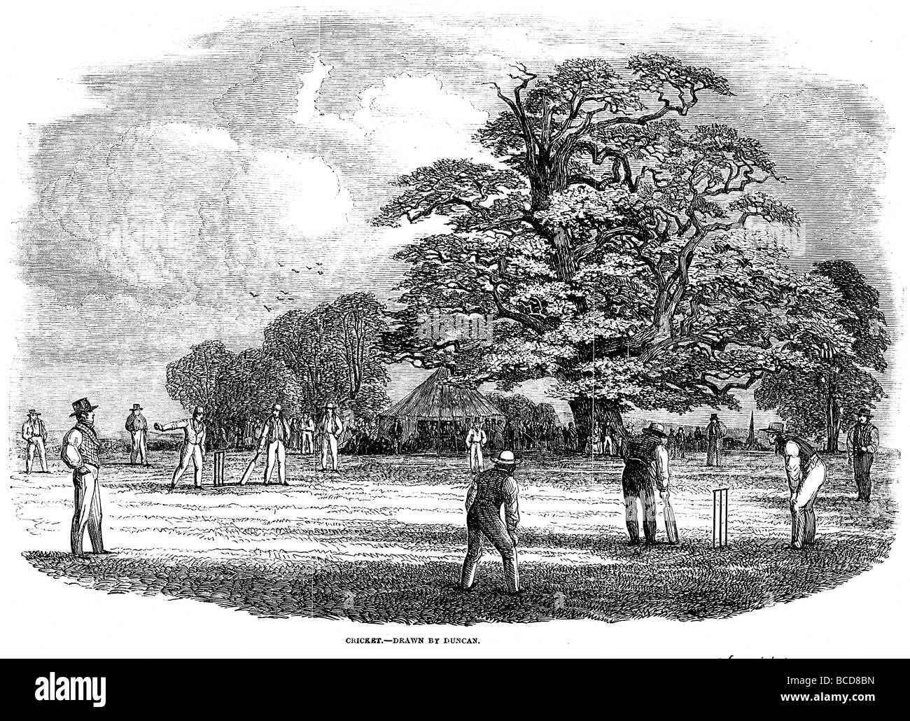 English Cricket 1853 engraving of a cricket match in the country marquee under the oak tree Stock Photo