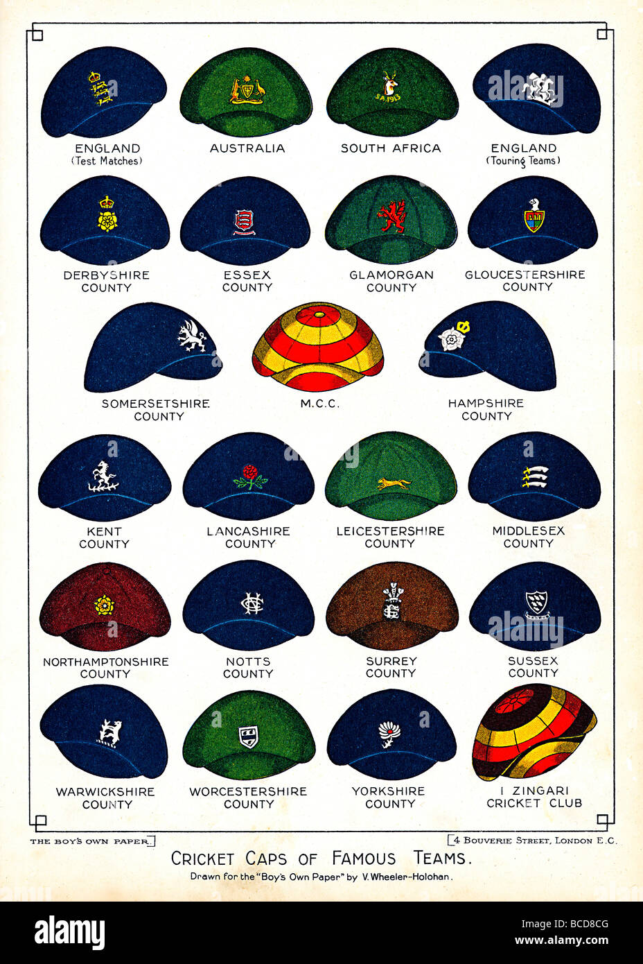 Cricket Caps Of Famous Teams 1920s illustration of caps of leading cricket  clubs English Counties and others Stock Photo - Alamy