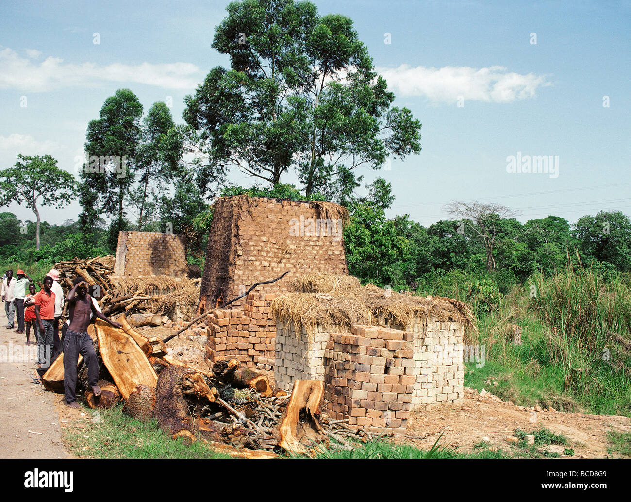 Rural brick making factory at side of Kampala Jinja road Uganda East Africa Stock Photo