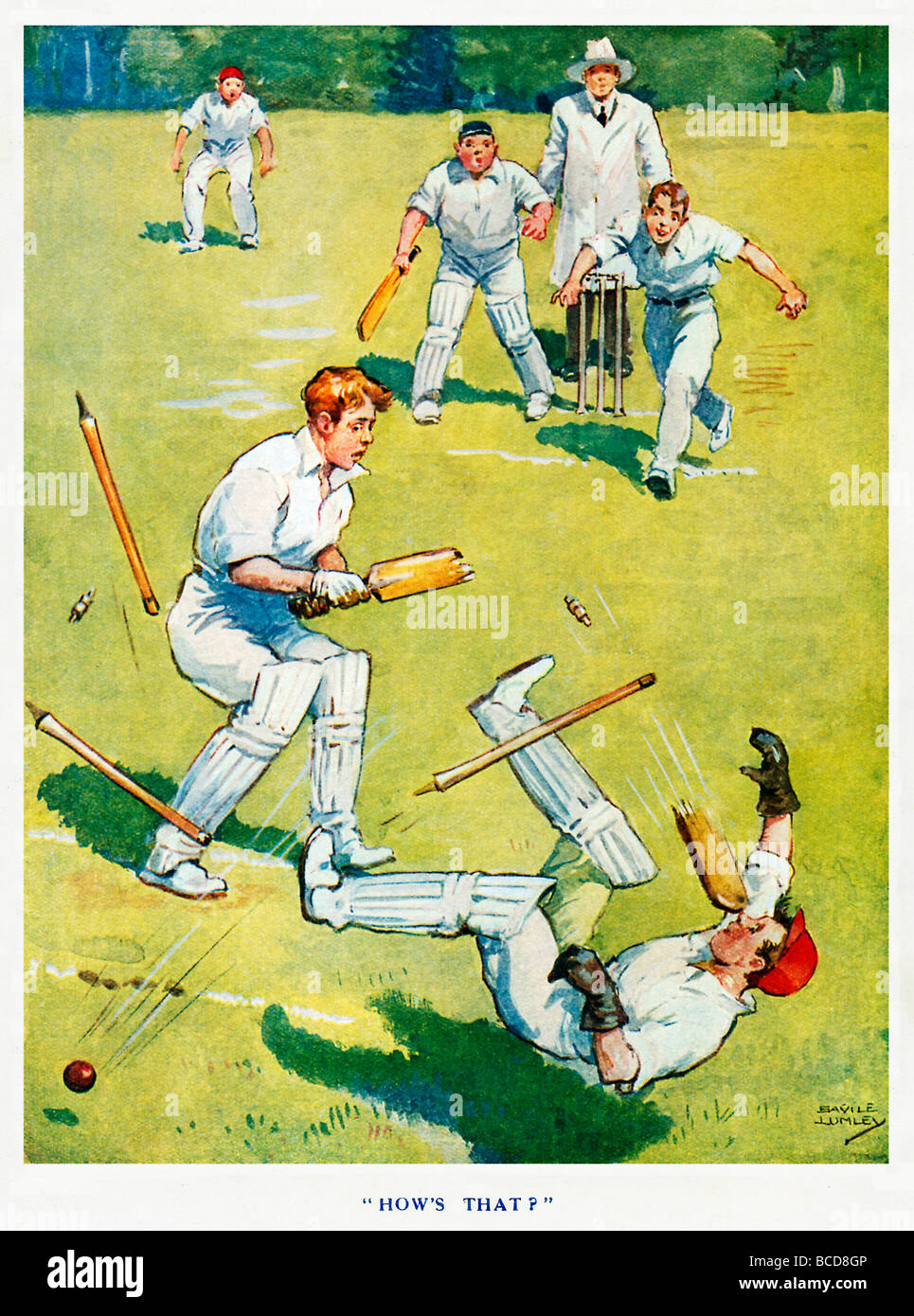 Hows That 1920s illustration from a boys magazine of a bowler so fast that he breaks both bat and wicket Stock Photo