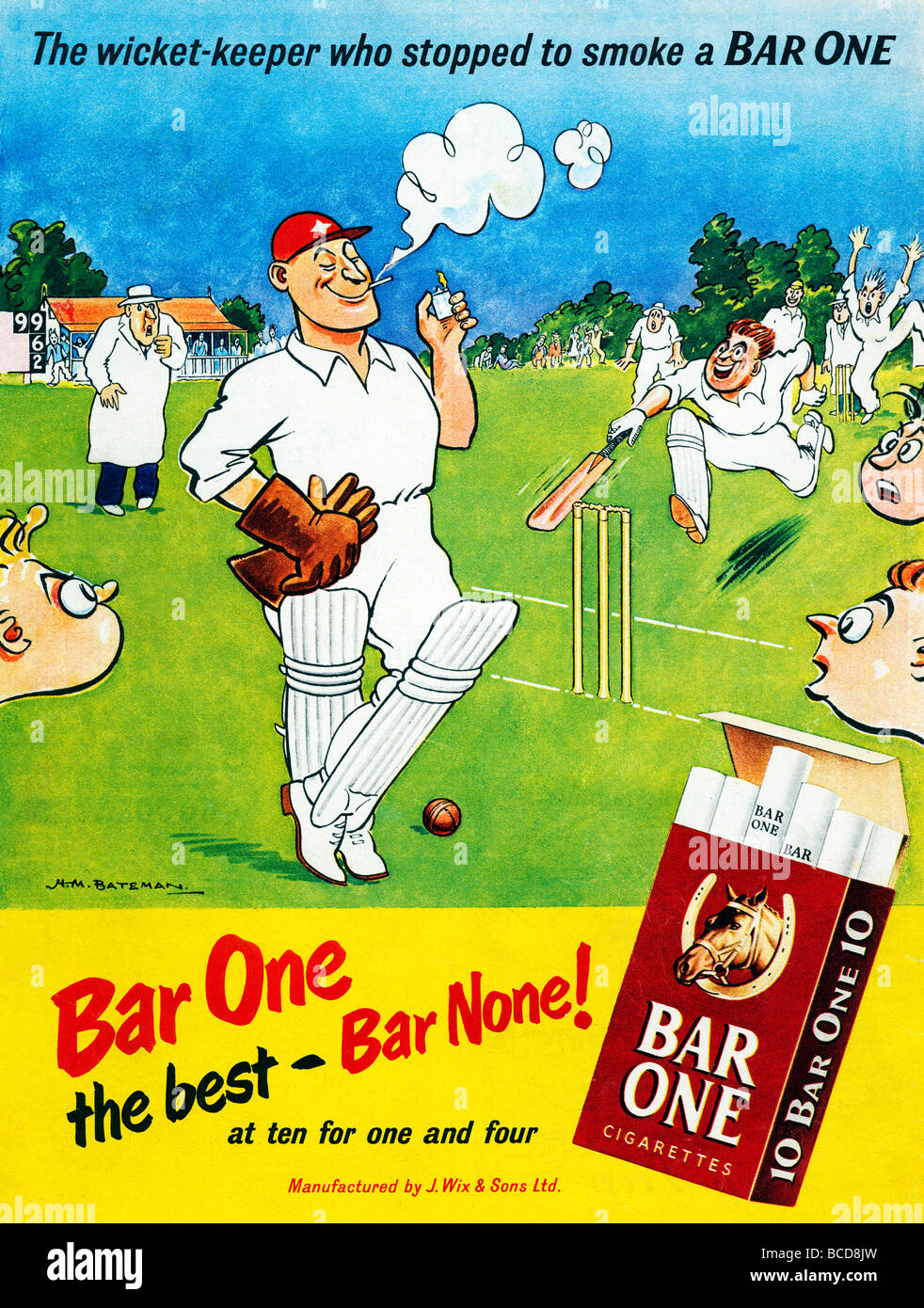 Bar One Cricket 1950s advert by Bateman for the English cigarettes The wicket keeper who stopped to smoke a Bar One Stock Photo