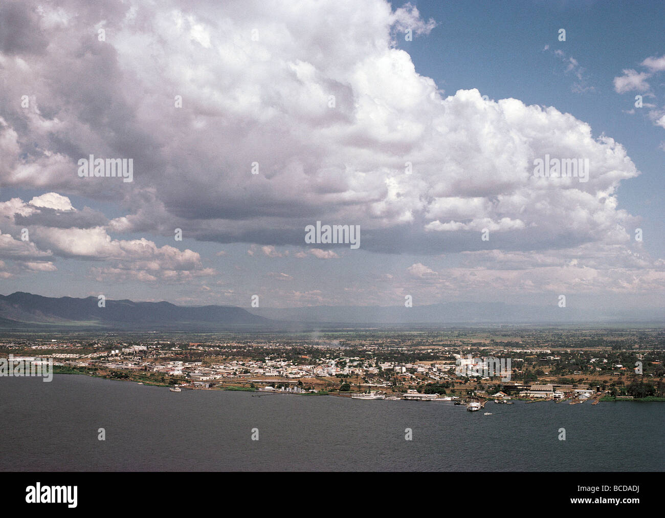 Aerial view of Kisumu town and port and ships Lake Victoria with Nandi