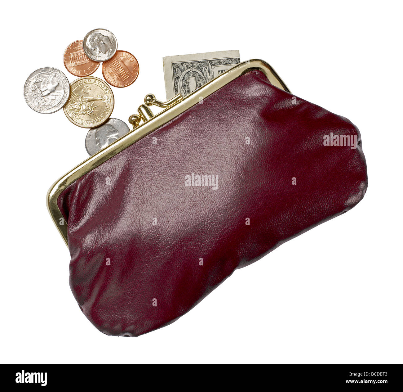 burgundy leather purse  money open coins dollar elevated view Stock Photo