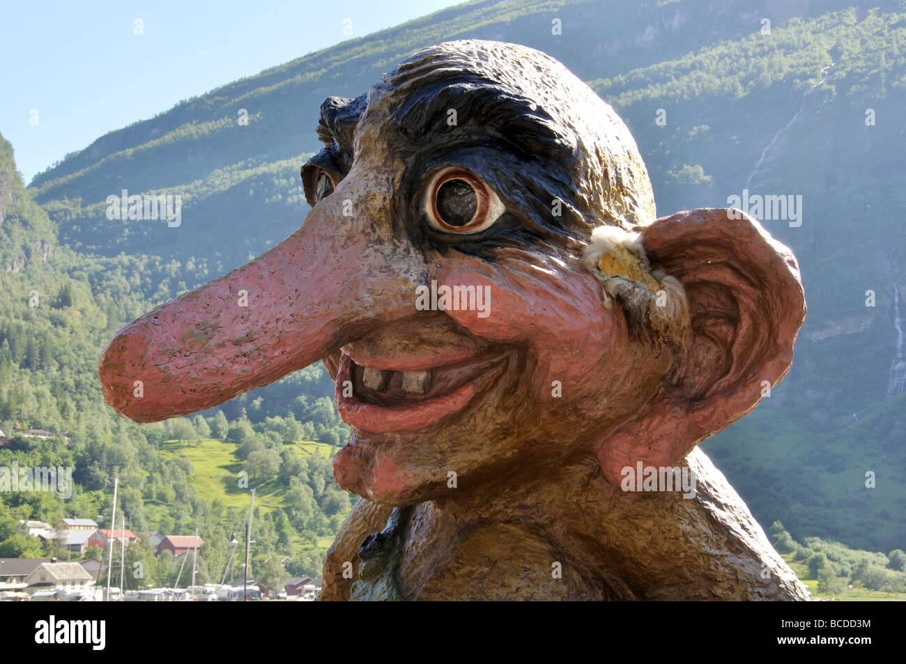 Wooden troll outside shop, Geiranger, Geiranger Fjord, More og Romsdal, Norway Stock Photo