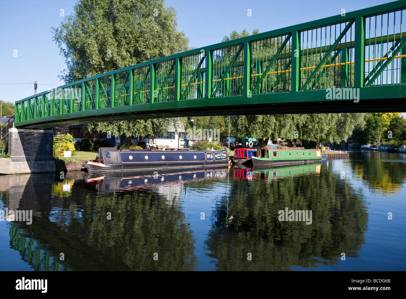 Springfield Bridge over River Lee, leading to Springfield Marina. Lee Valley Regional Park, London, England, UK Stock Photo