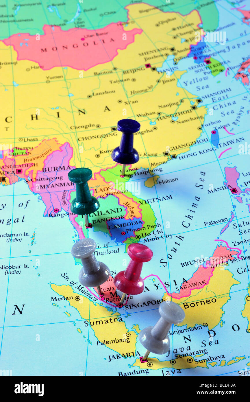 map pins in south east Asia map Stock Photo