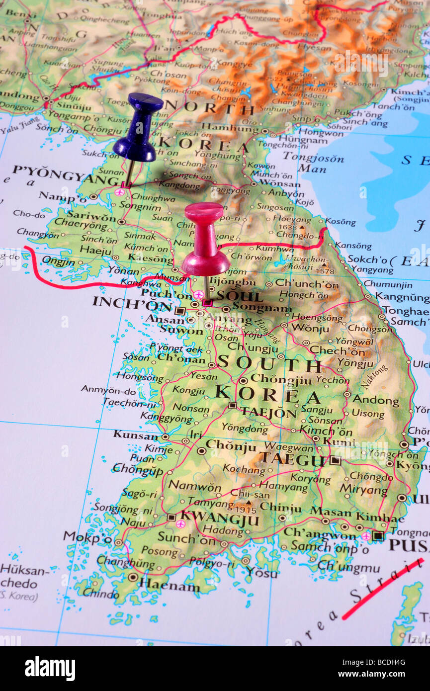 Map pins in North Korea  & South Korea map Stock Photo