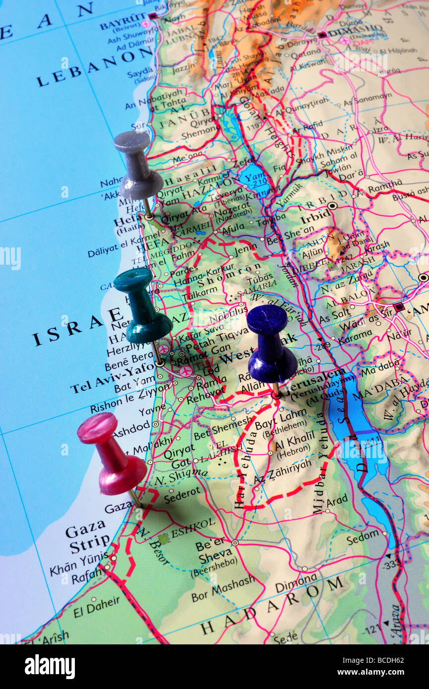 map pins in Israel / Palestine map Stock Photo