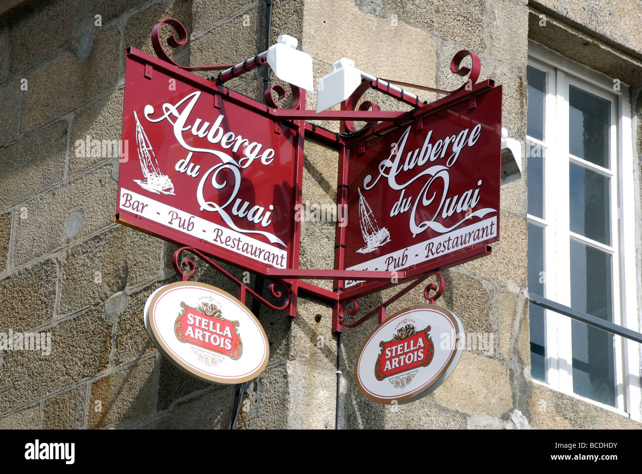 Double Auberge du Quai bar sign, Roscoff, Brittany, France Stock Photo