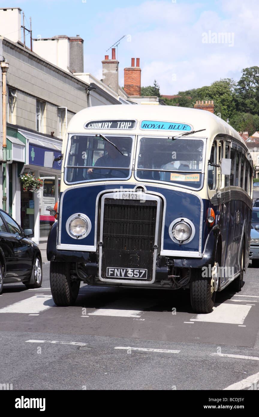 Vintage Leyland Tiger PS1 coach bus in the colours of Royal Blue coaches passes through Glastonbury Somerset England Stock Photo