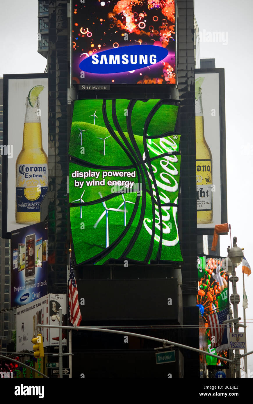 Coca Cola illuminated high tech sign in Times Square powered by wind generated energy Stock Photo