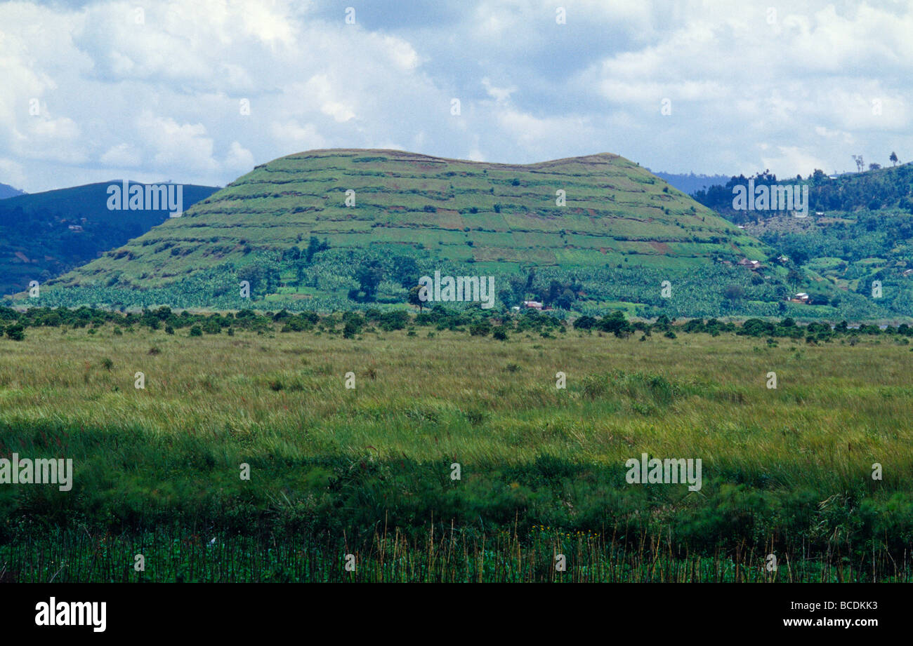 Lush, fertile farmland and crops on the slopes of an extinct volcano. Stock Photo