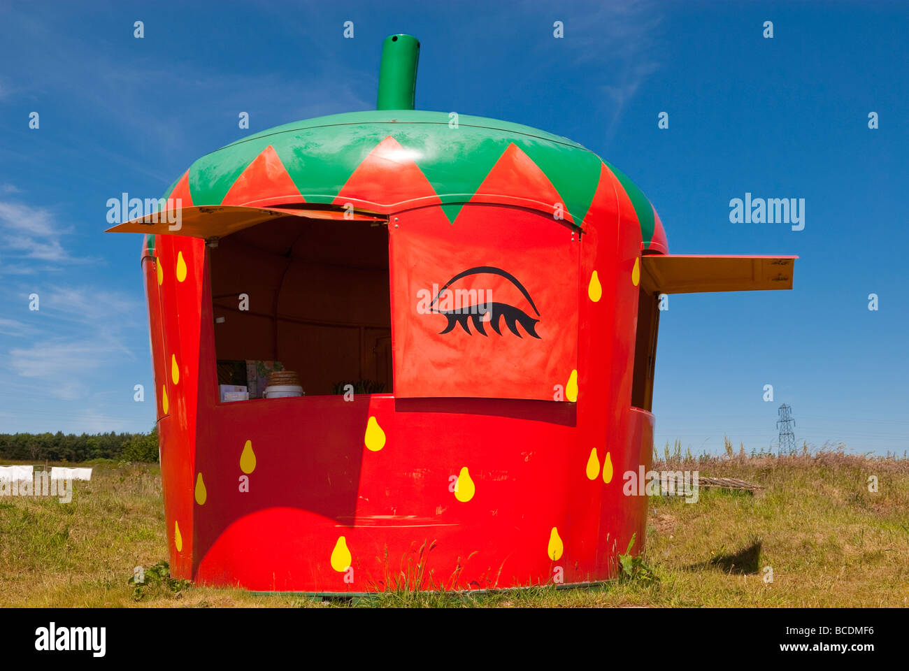 An unusual strawberry shaped shop store stall selling fresh
