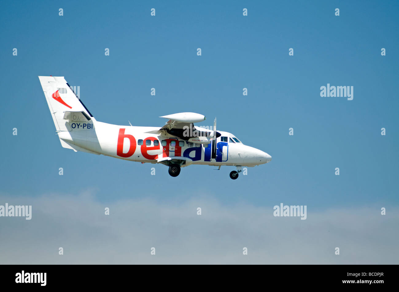 Benair twin engined mail plane retruning from Orkney to Inverness. SCO 5290 Stock Photo