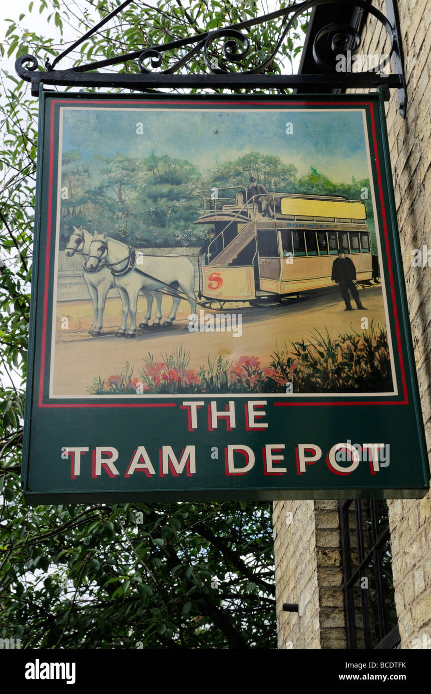 The Tram Depot Pub sign in East Road, Cambridge England UK Stock Photo