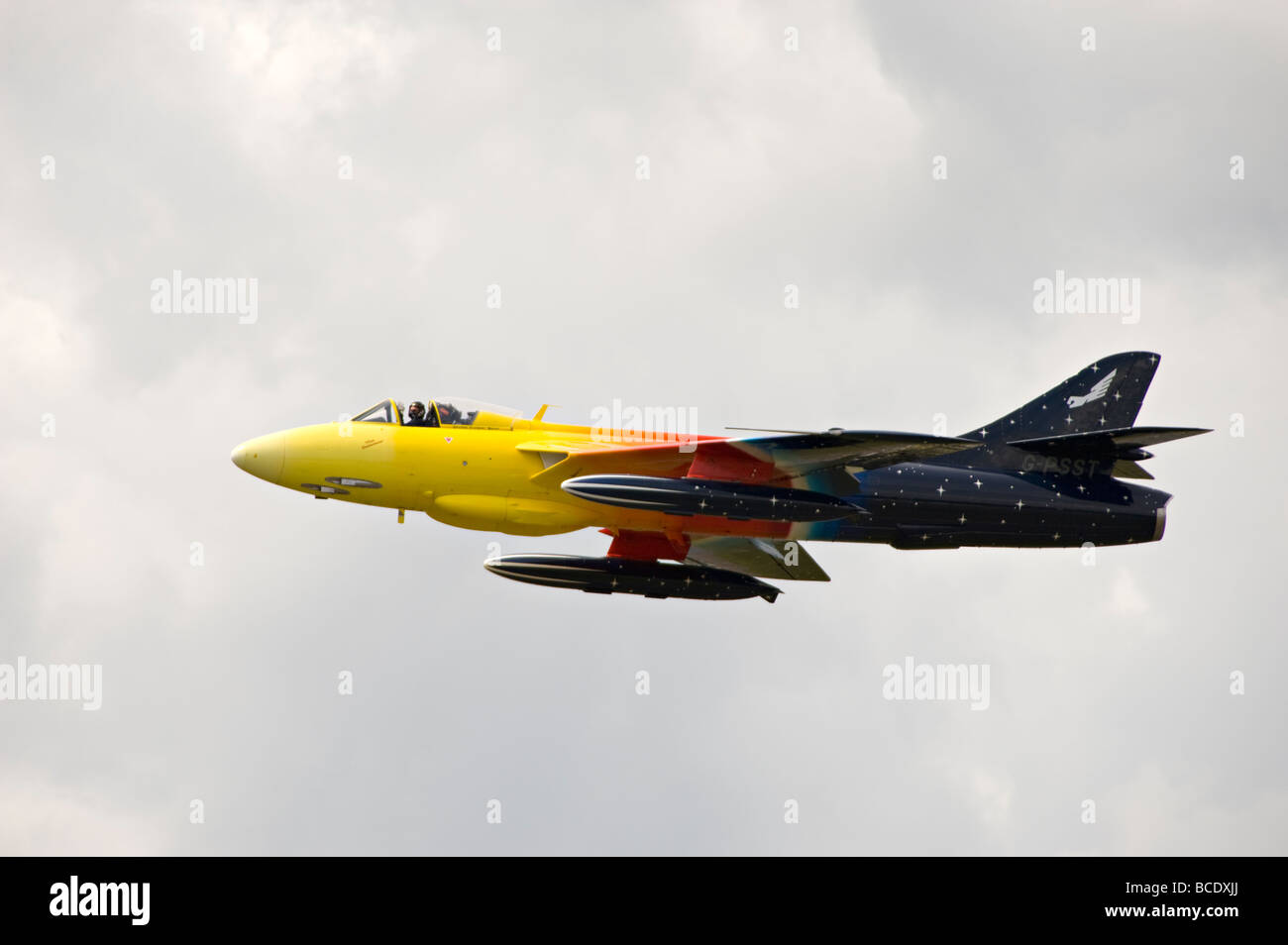 The civilian registered Hawker Hunter Mk58A Jet Fighter Plane 'Miss Demeanour' performs a cockpit open flypast. Stock Photo